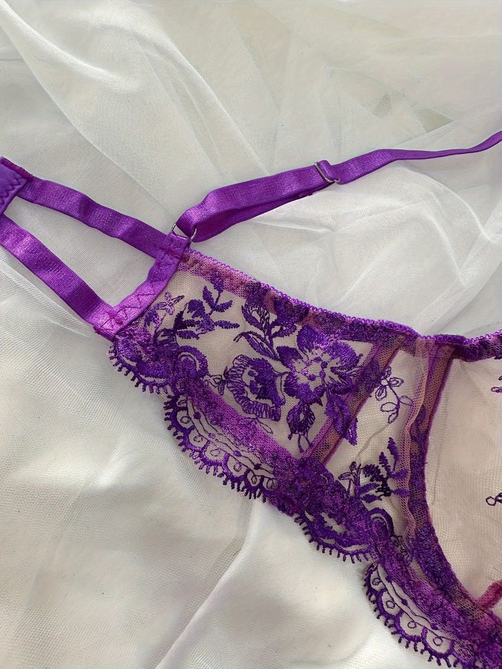 Sheer Lace Balconette Bra Thong Set - purple - 5