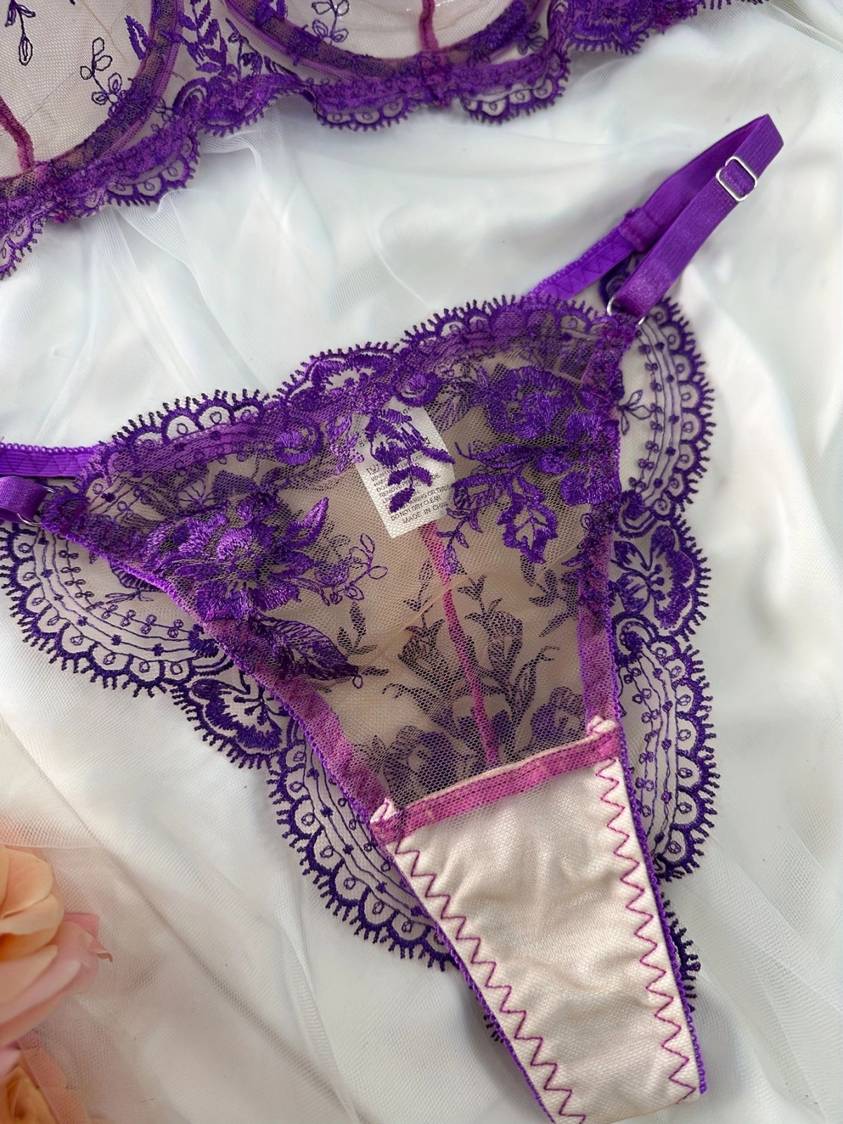 Sheer Lace Balconette Bra Thong Set - purple - 6
