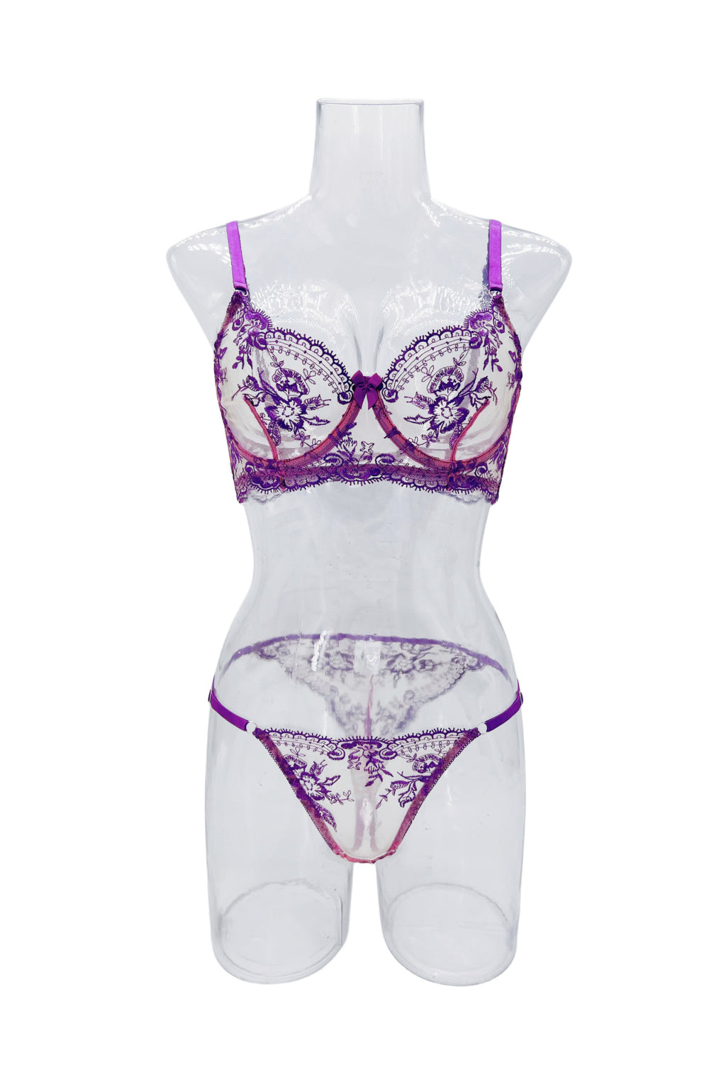 Sheer Lace Balconette Bra Thong Set - purple - 7