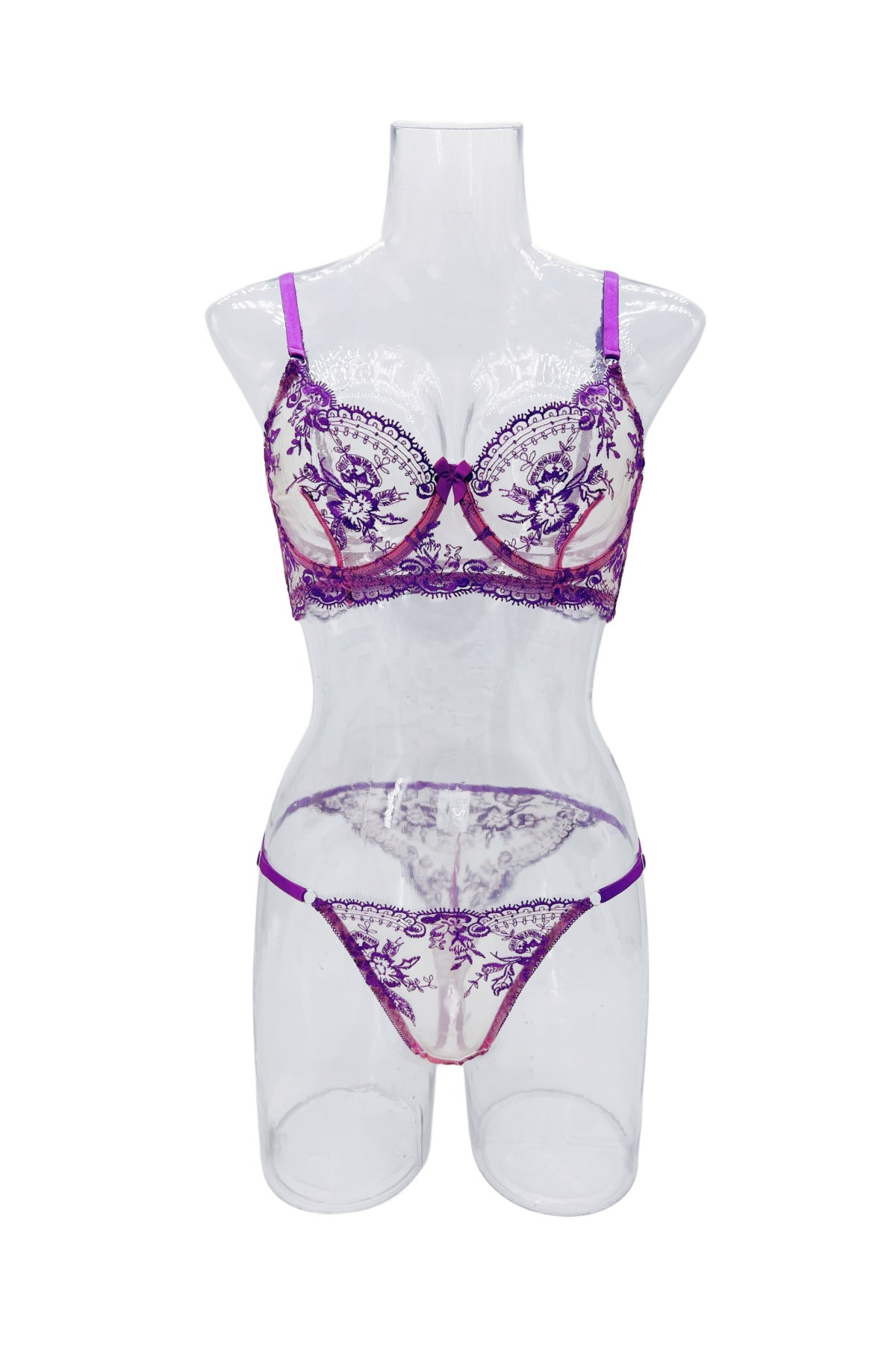 Sheer Lace Balconette Bra Thong Set - purple - 7