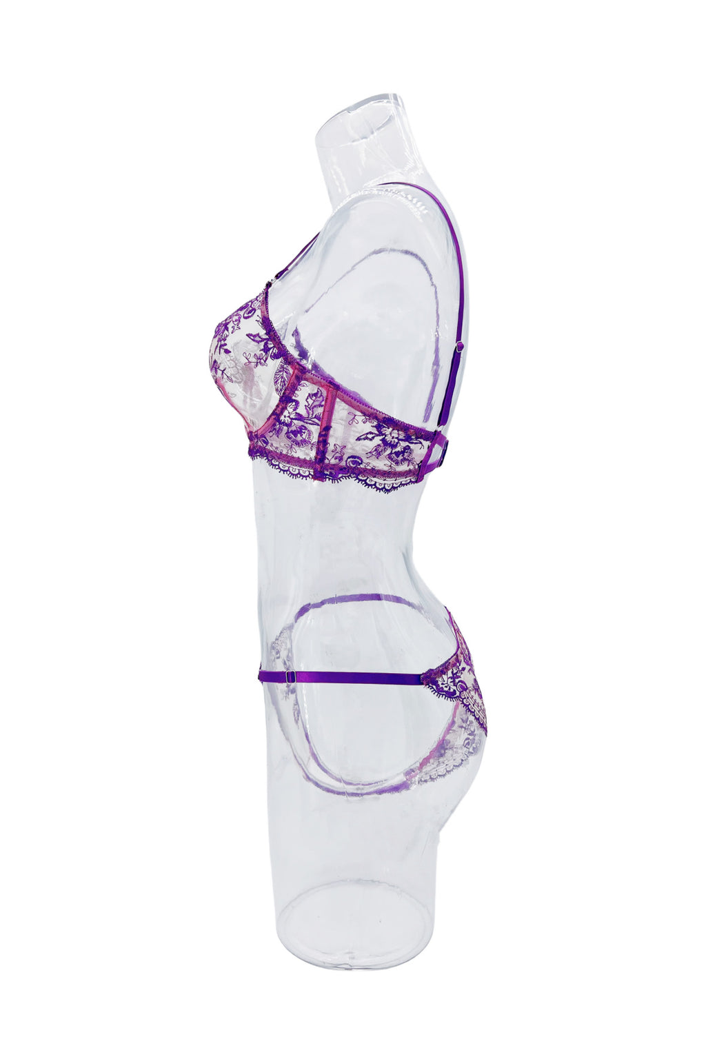 Sheer Lace Balconette Bra Thong Set - purple - 8