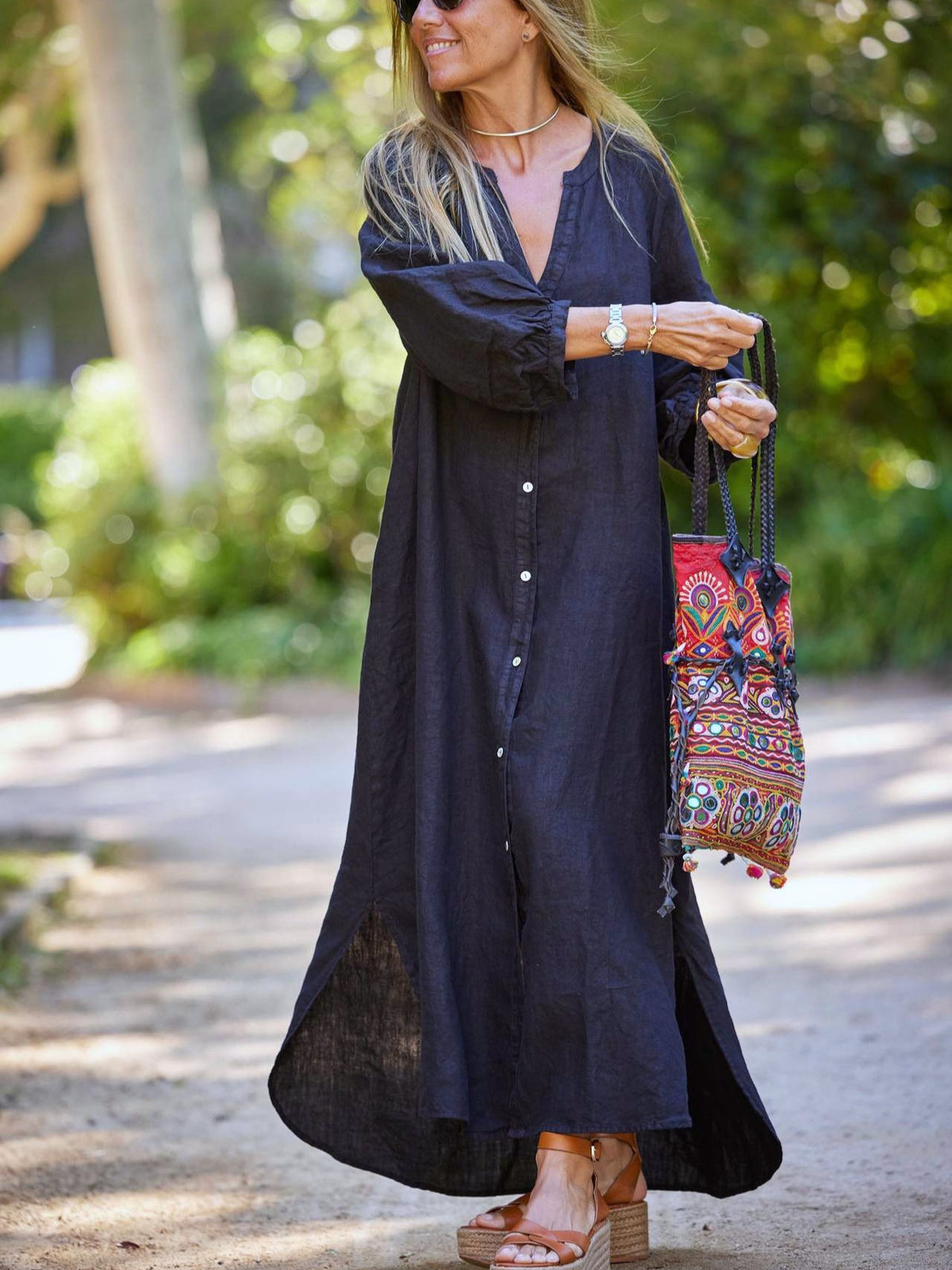 Long Button Front Kaftan Maxi Dress - Black - 2