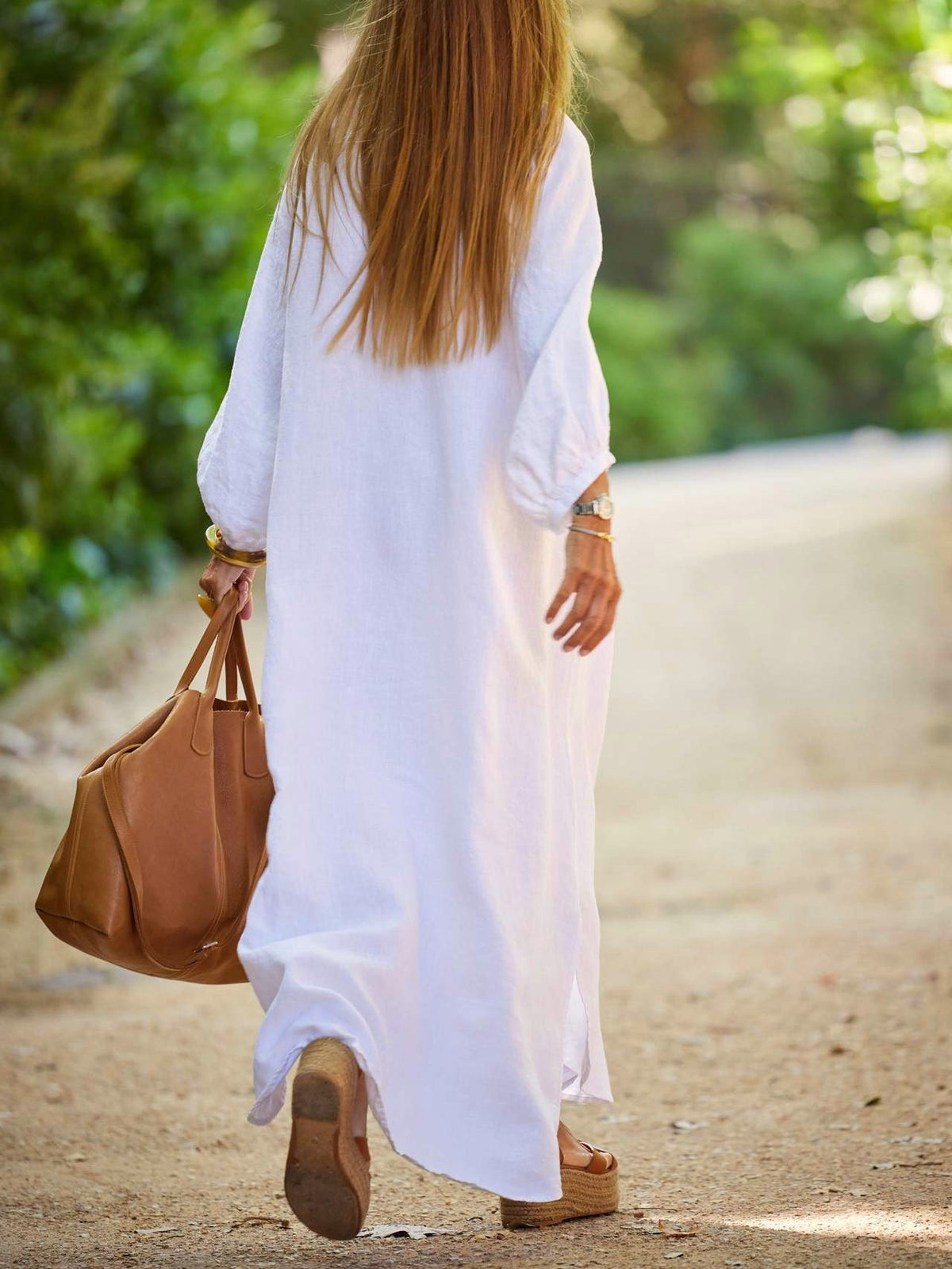 Long Button Front Kaftan Maxi Dress - White - 1