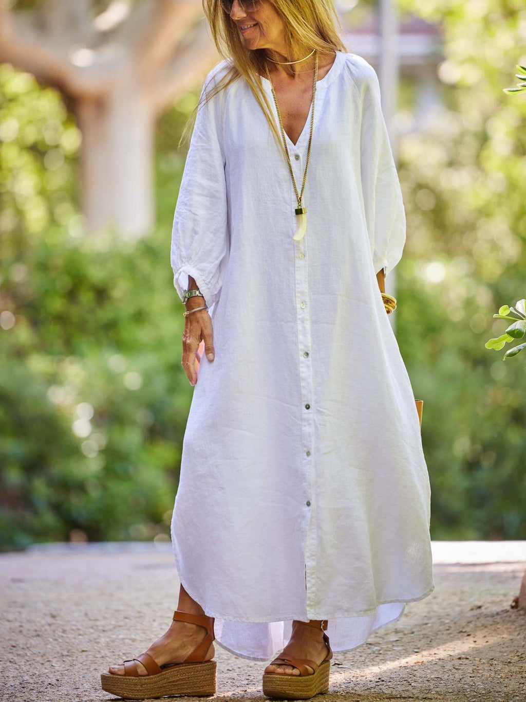 Long Button Front Kaftan Maxi Dress - White - 2