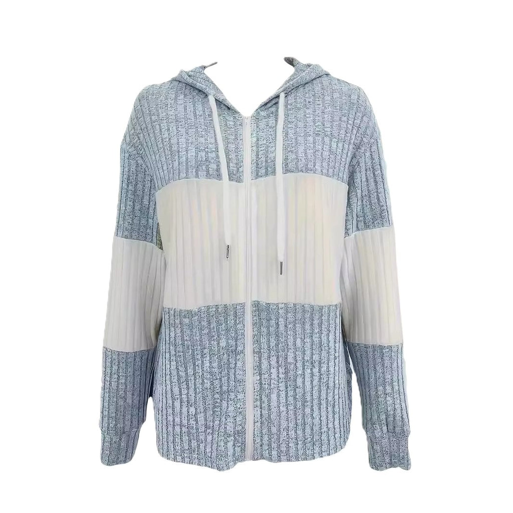 Ribbed Colorblock Drawstring Hooded Jacket