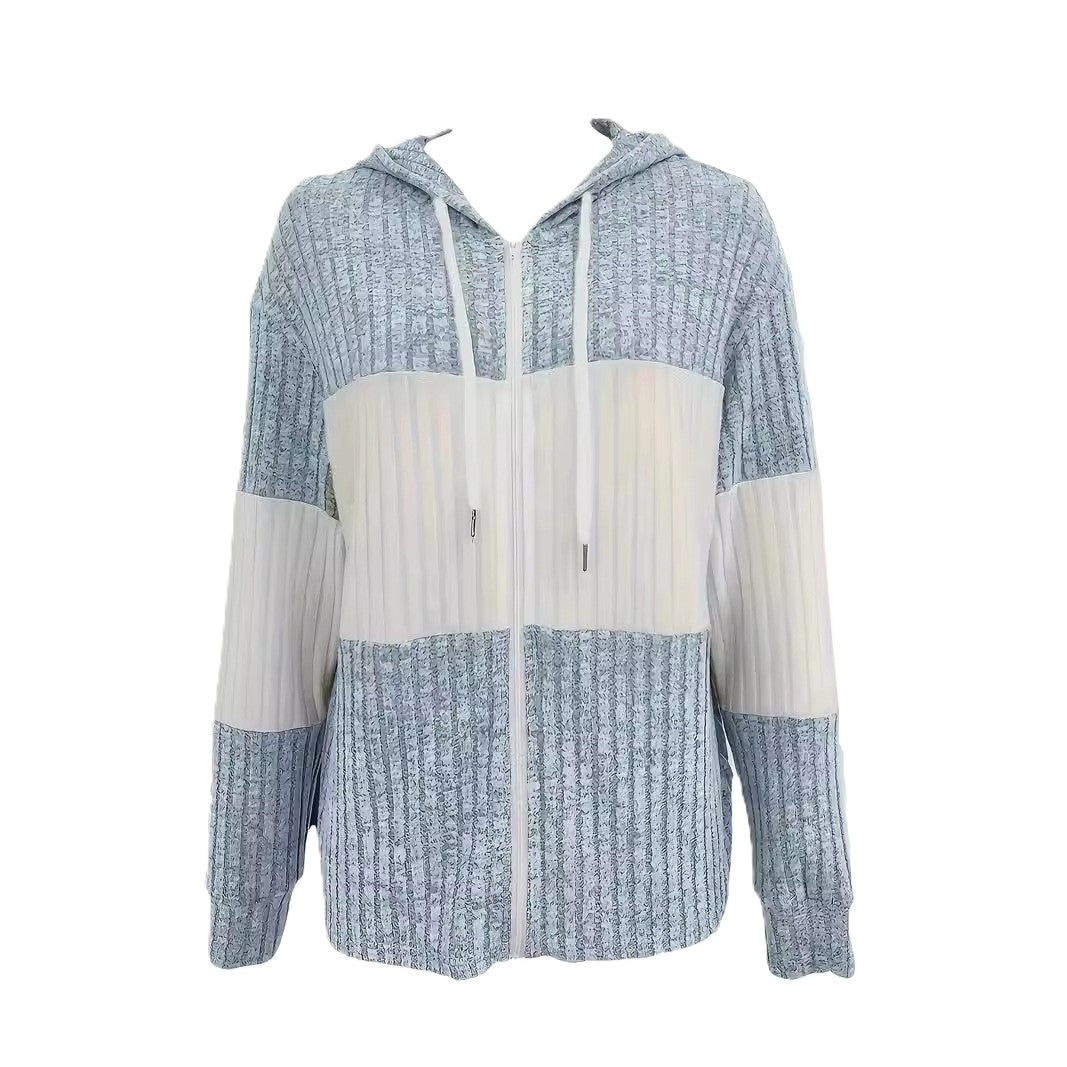Ribbed Colorblock Drawstring Hooded Jacket