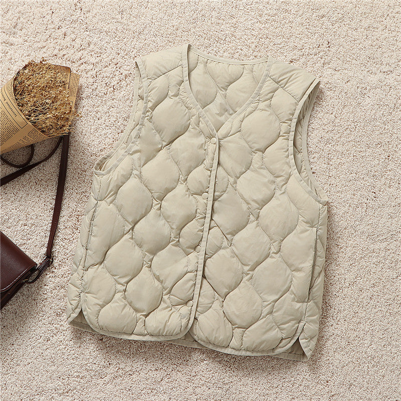 V Neck Snap Front Quilted Down Vest - Beige