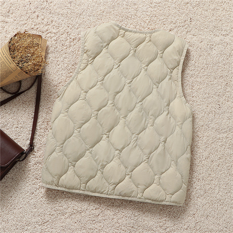 V Neck Snap Front Quilted Down Vest - Beige - 1