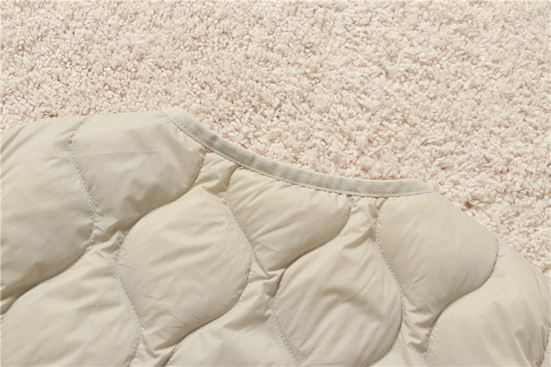 V Neck Snap Front Quilted Down Vest - Beige - 2