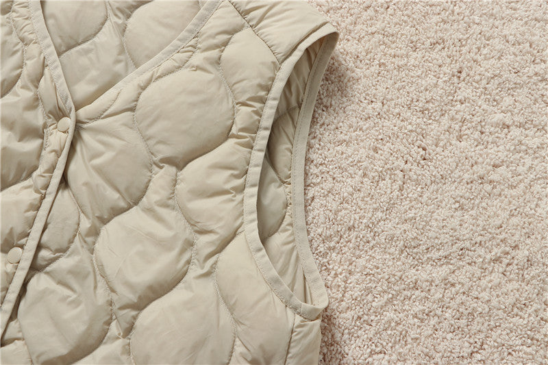 V Neck Snap Front Quilted Down Vest - Beige - 3