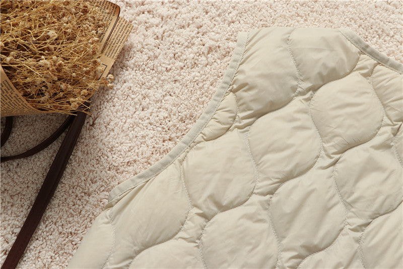 V Neck Snap Front Quilted Down Vest - Beige - 4
