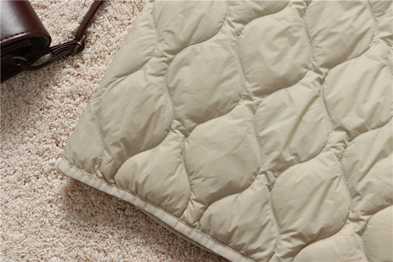 V Neck Snap Front Quilted Down Vest - Beige - 5