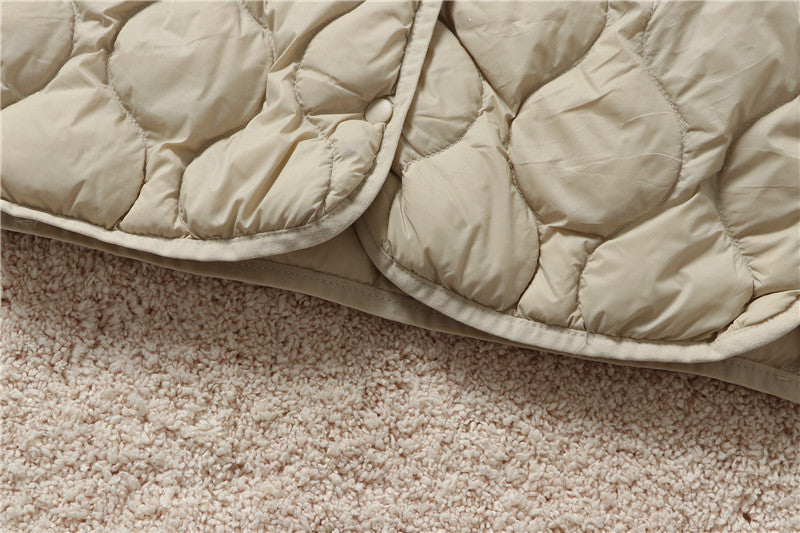 V Neck Snap Front Quilted Down Vest - Beige - 6
