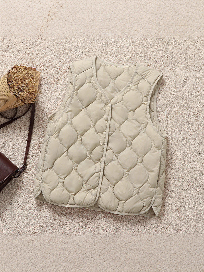 V Neck Snap Front Quilted Down Vest - Beige - 7