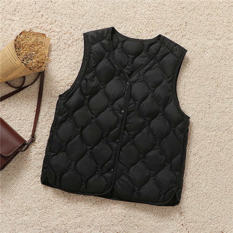 V Neck Snap Front Quilted Down Vest - Black