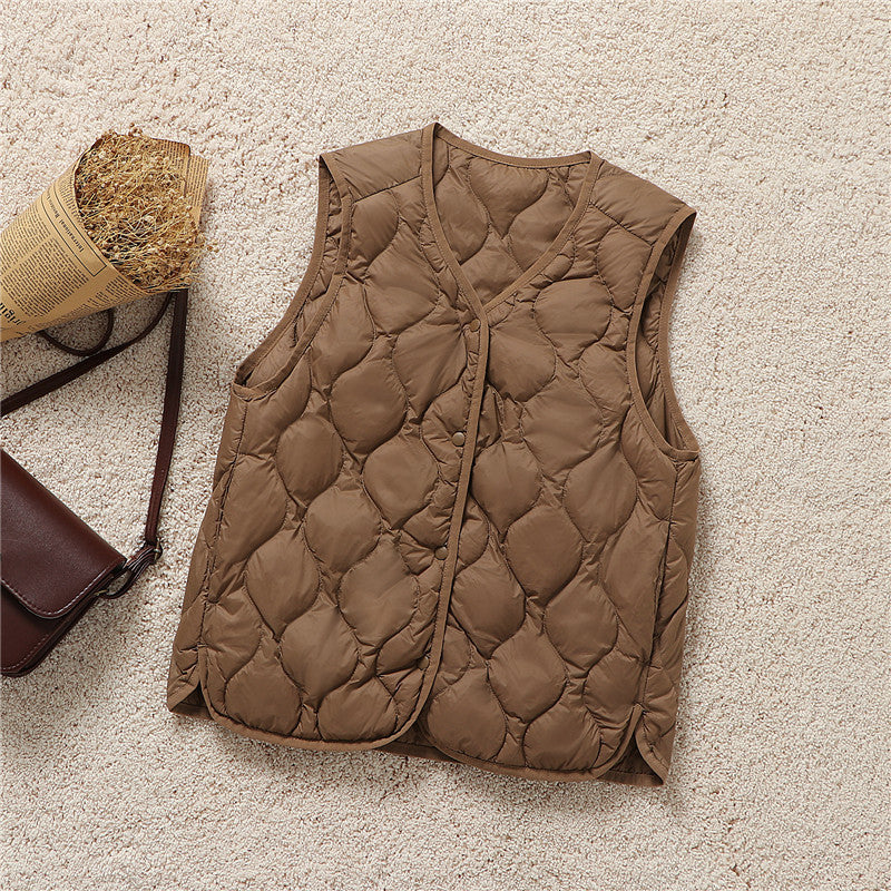 V Neck Snap Front Quilted Down Vest - Brown