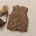 V Neck Snap Front Quilted Down Vest - Brown