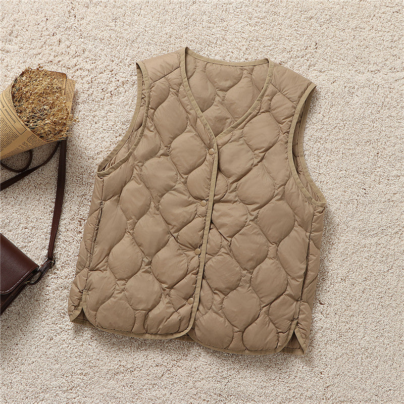 V Neck Snap Front Quilted Down Vest - Coca