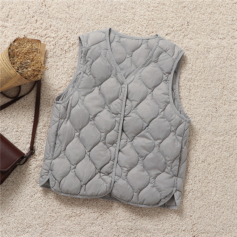V Neck Snap Front Quilted Down Vest - Grey