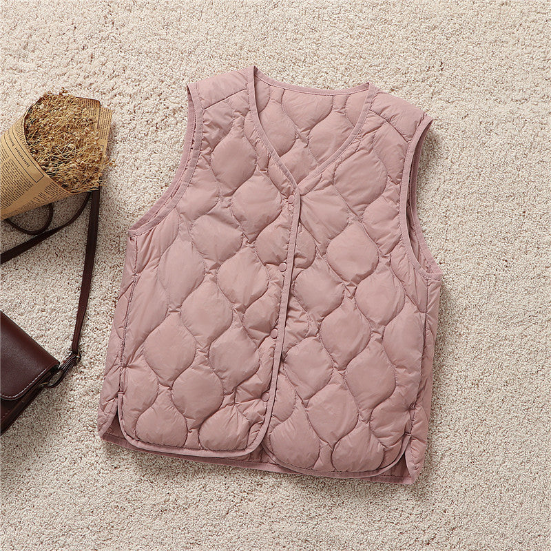 V Neck Snap Front Quilted Down Vest - Pink