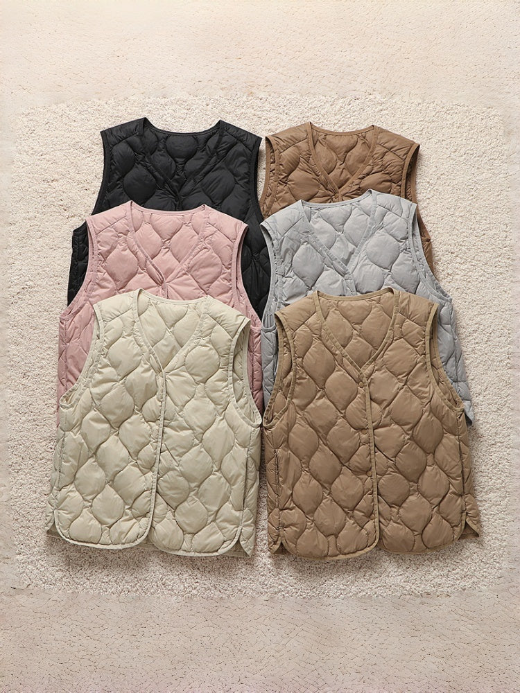V Neck Snap Front Quilted Down Vest