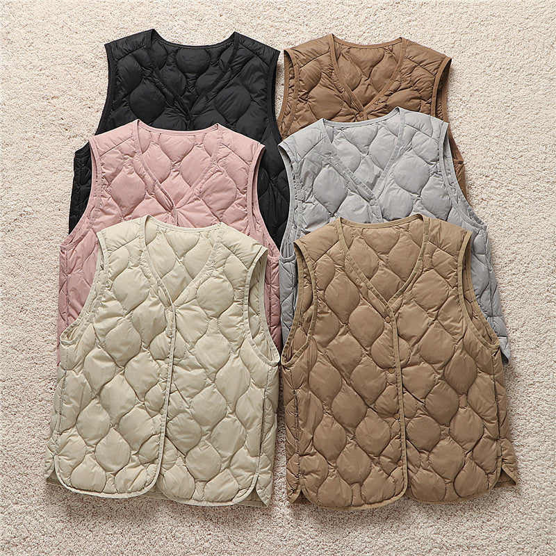 V Neck Snap Front Quilted Down Vest - view 1