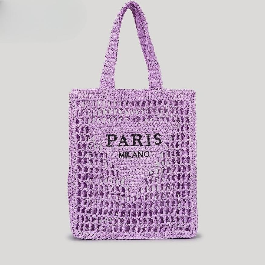Crochet Straw Flat Shopper Tote Bag - Purple