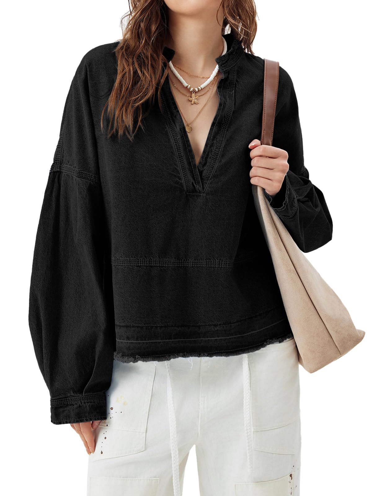 Oversized Denim Popover Shirt With Raw Hem - Black