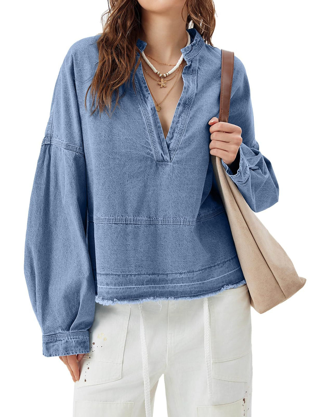 Oversized Denim Popover Shirt With Raw Hem - Blue