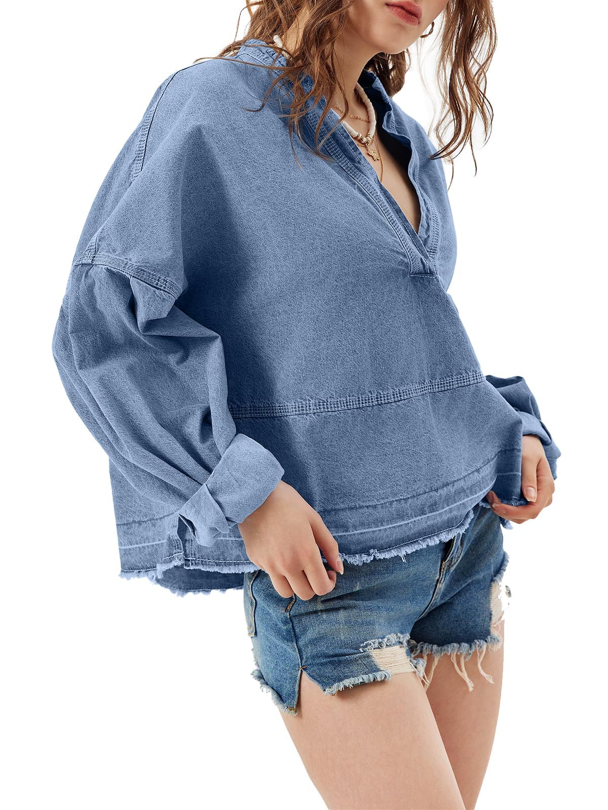 Oversized Denim Popover Shirt With Raw Hem - Blue - 1