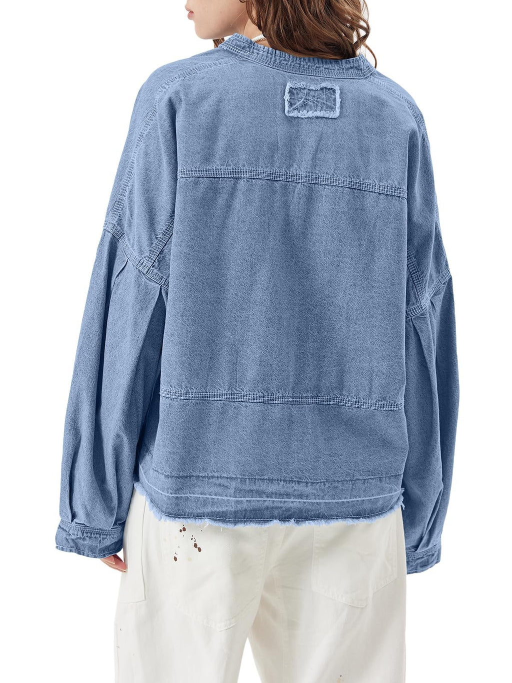 Oversized Denim Popover Shirt With Raw Hem - Blue - 2