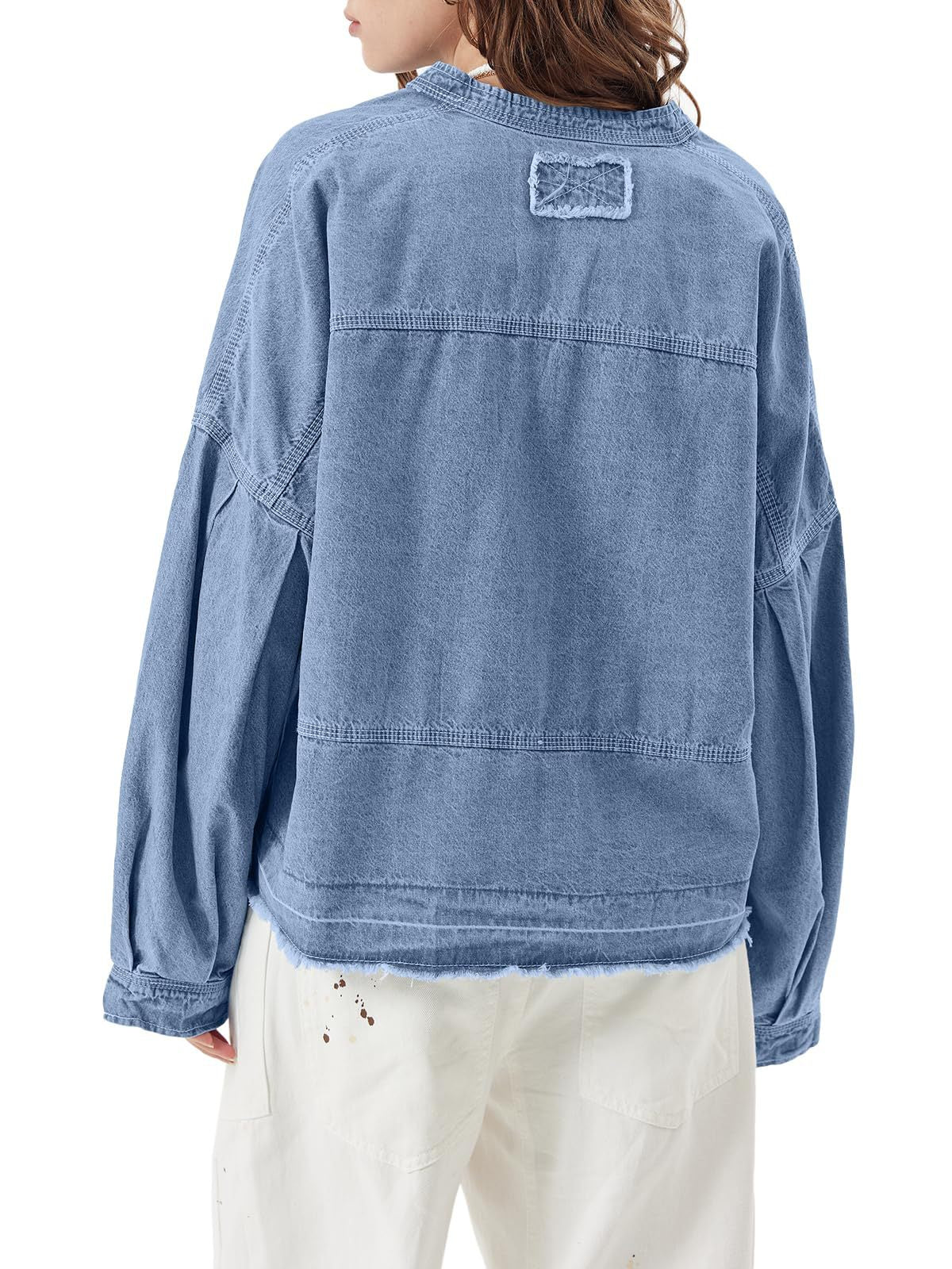 Oversized Denim Popover Shirt With Raw Hem - Blue - 2