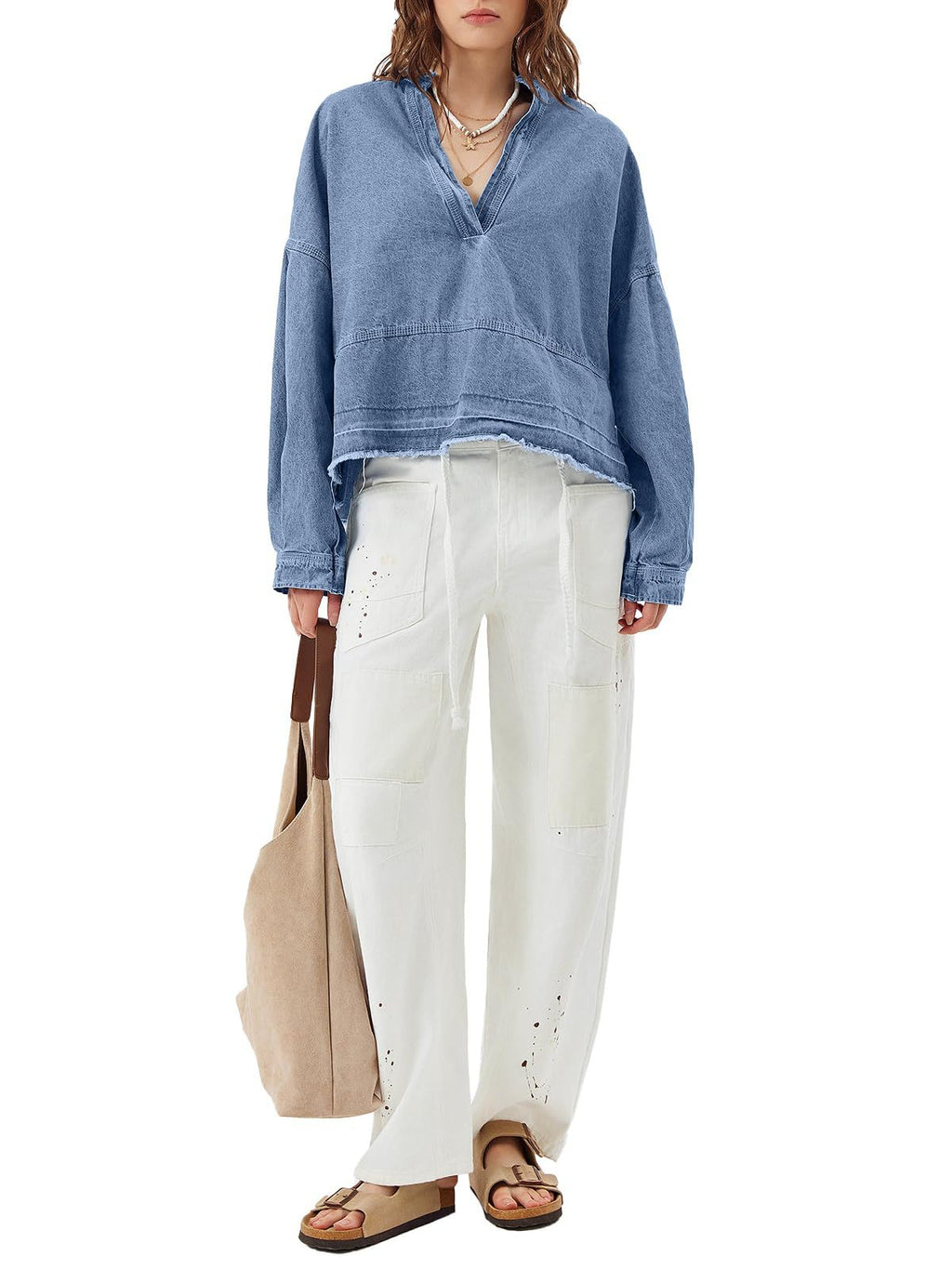 Oversized Denim Popover Shirt With Raw Hem - Blue - 3