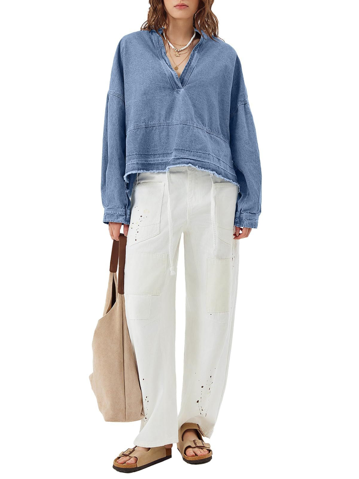 Oversized Denim Popover Shirt With Raw Hem - Blue - 3