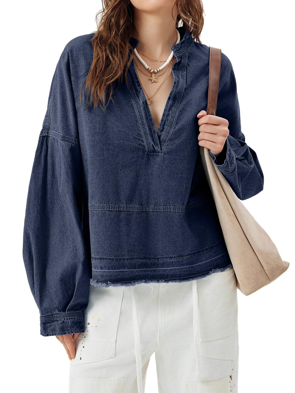 Oversized Denim Popover Shirt With Raw Hem - DarkBlue