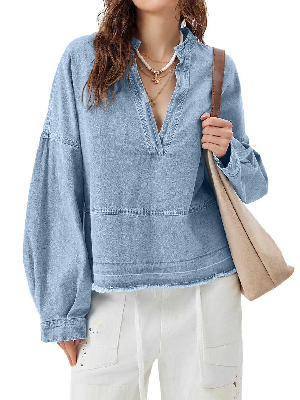 Oversized Denim Popover Shirt With Raw Hem - SkyBlue