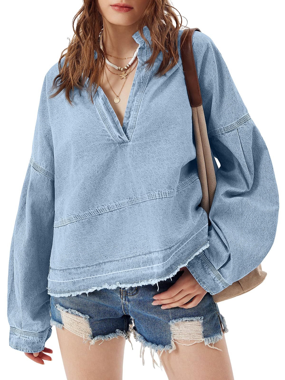 Oversized Denim Popover Shirt With Raw Hem - SkyBlue - 1