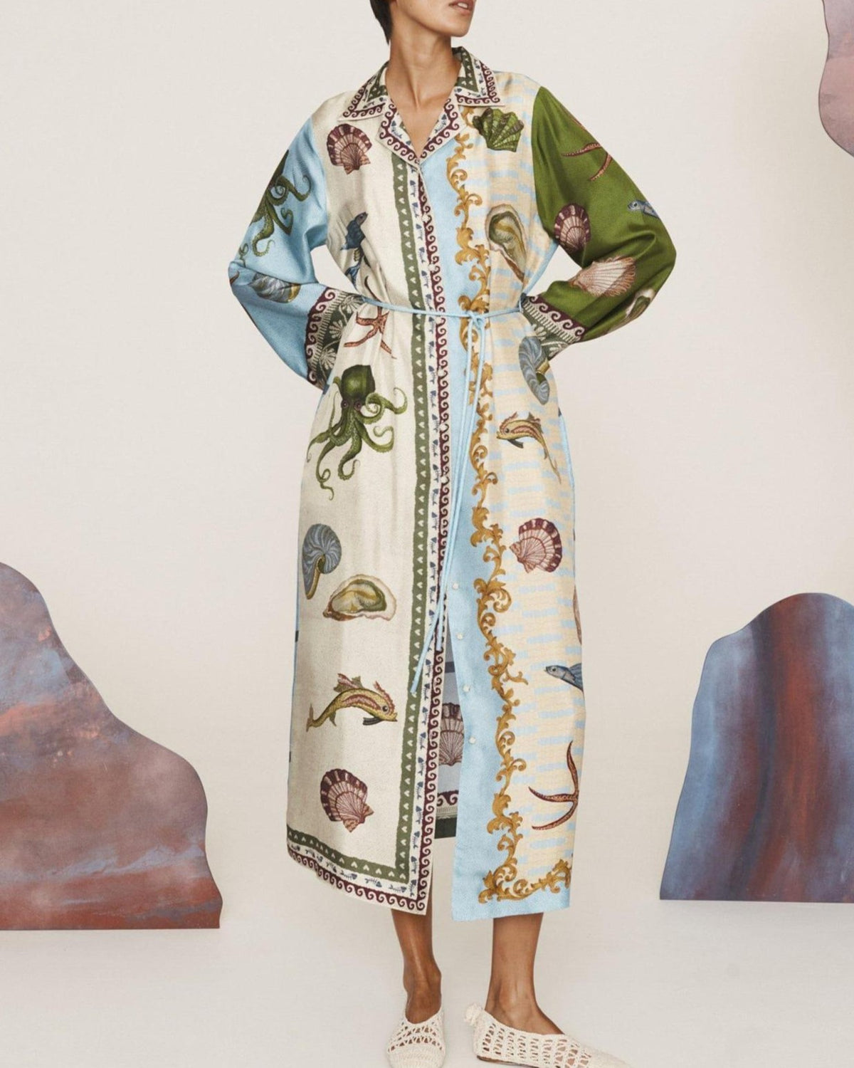 Ocean Print Linen Blend Maxi Shirt Dress - Decor