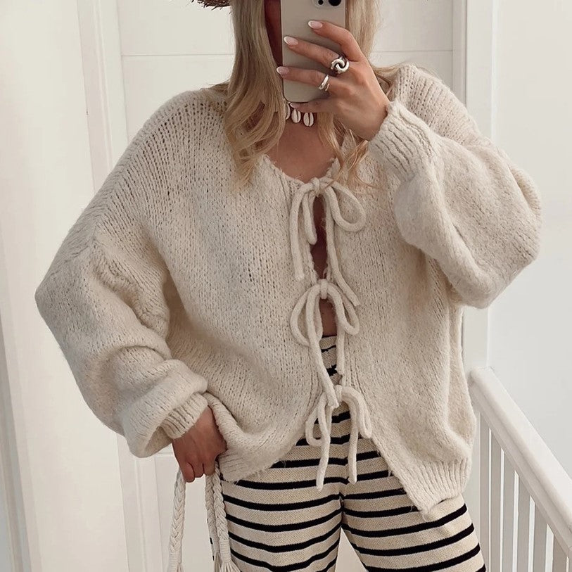 Brushed Fluffy Ribbon Tie Front Cardigan - OffWhite