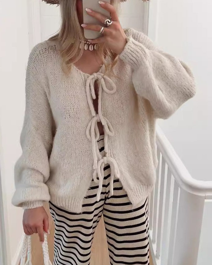 Brushed Fluffy Ribbon Tie Front Cardigan - OffWhite - 1