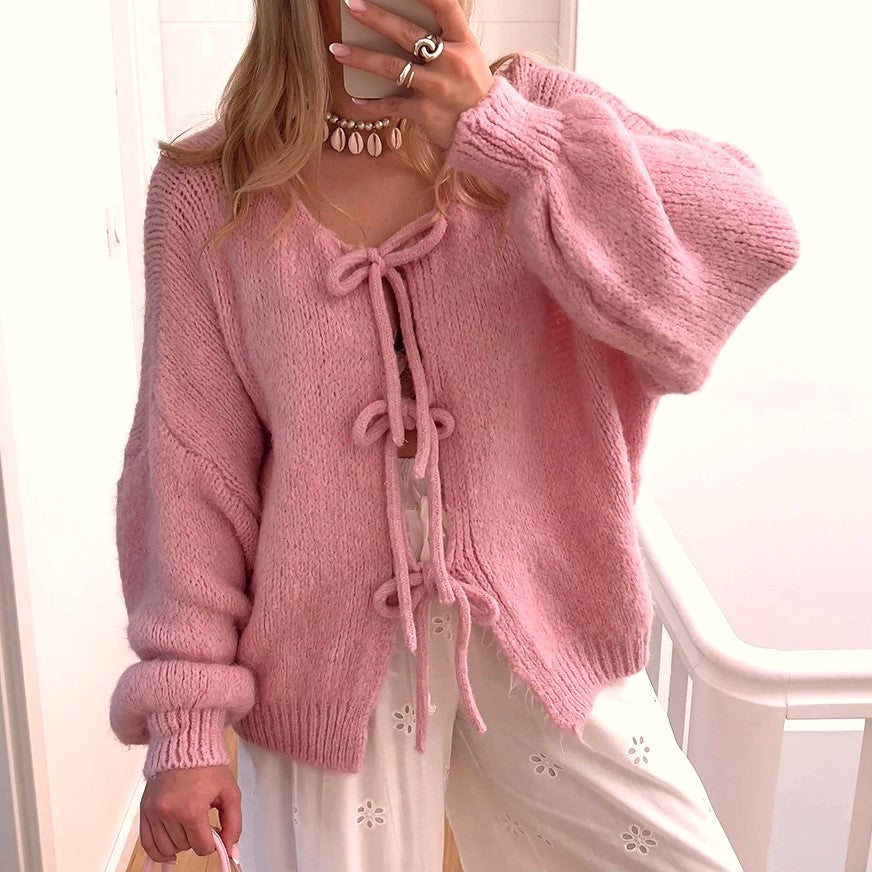 Brushed Fluffy Ribbon Tie Front Cardigan - Pink