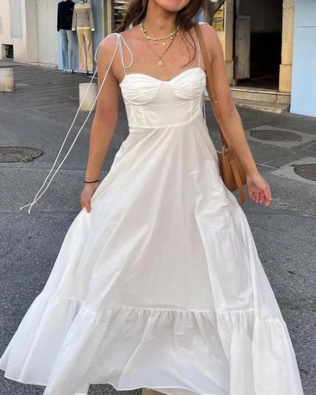 Corset Bodice Tiered Cotton Maxi Dress - White