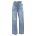 Distressed Button Fly Relaxed Straight Jeans - Blue