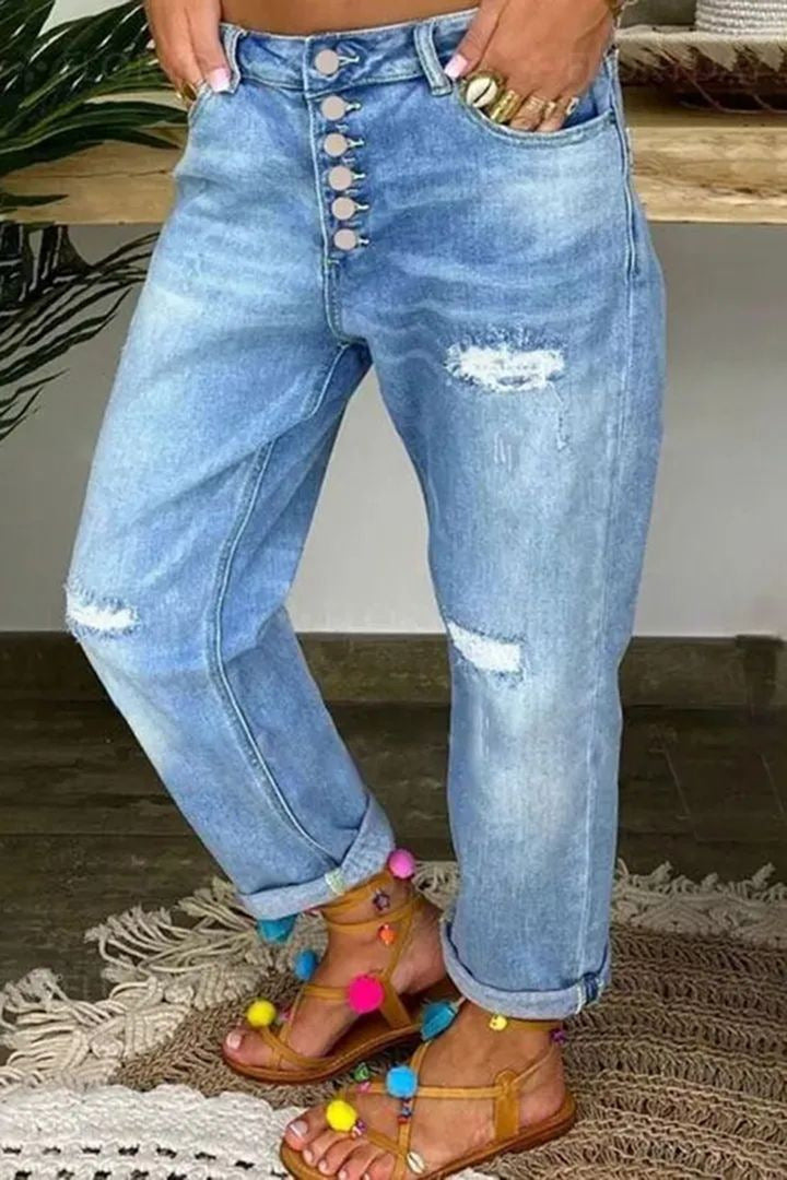 Distressed Button Fly Relaxed Straight Jeans