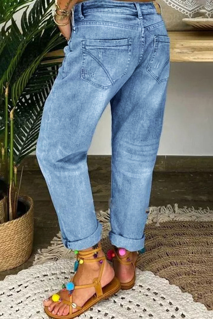 Distressed Button Fly Relaxed Straight Jeans - view 1