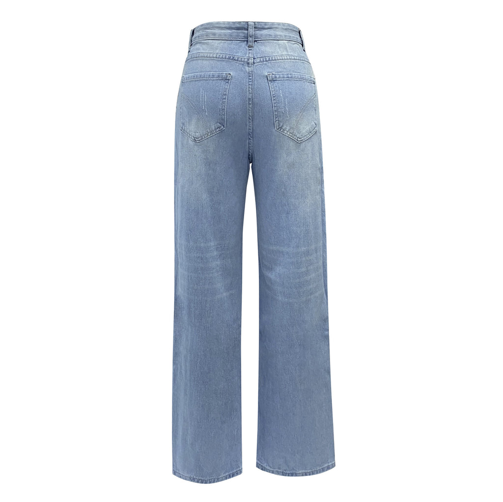 Distressed Button Fly Relaxed Straight Jeans - view 2