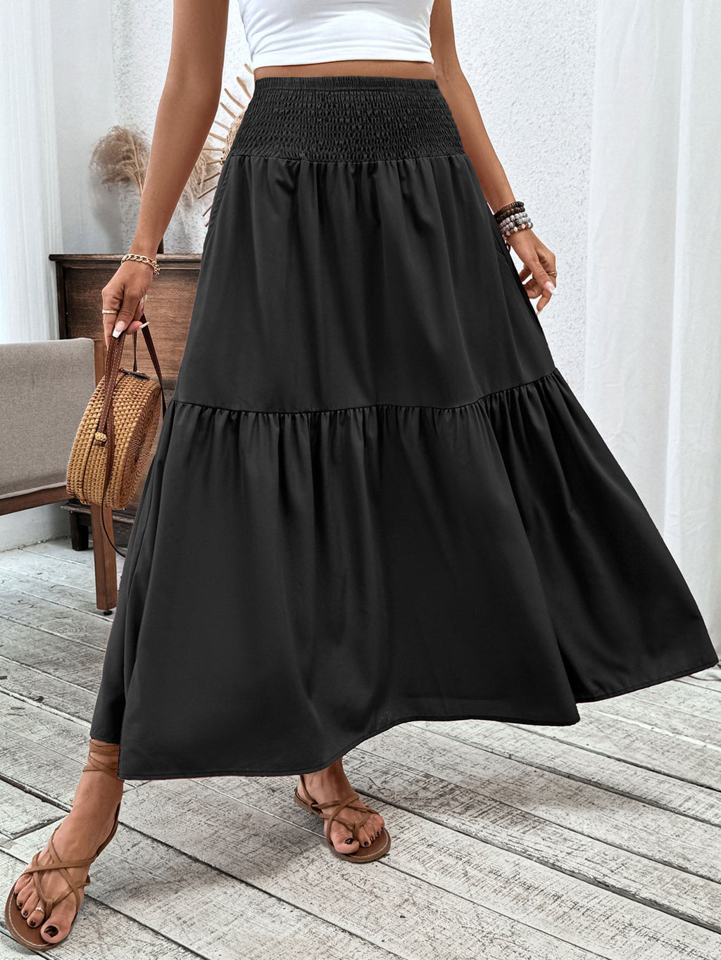 Smocked Waist Tiered Boho Maxi Skirt - Black
