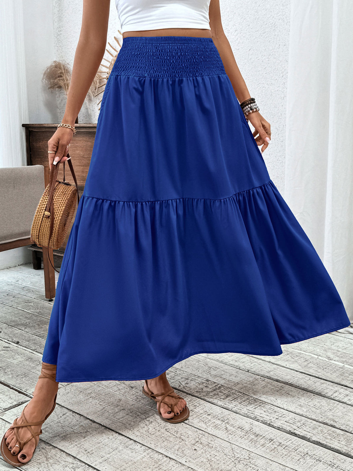 Smocked Waist Tiered Boho Maxi Skirt - Blue
