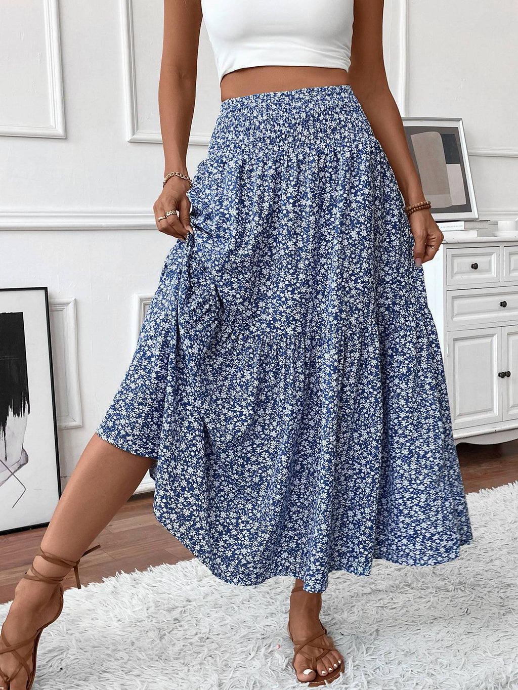 Smocked Waist Tiered Boho Maxi Skirt - Blue_F