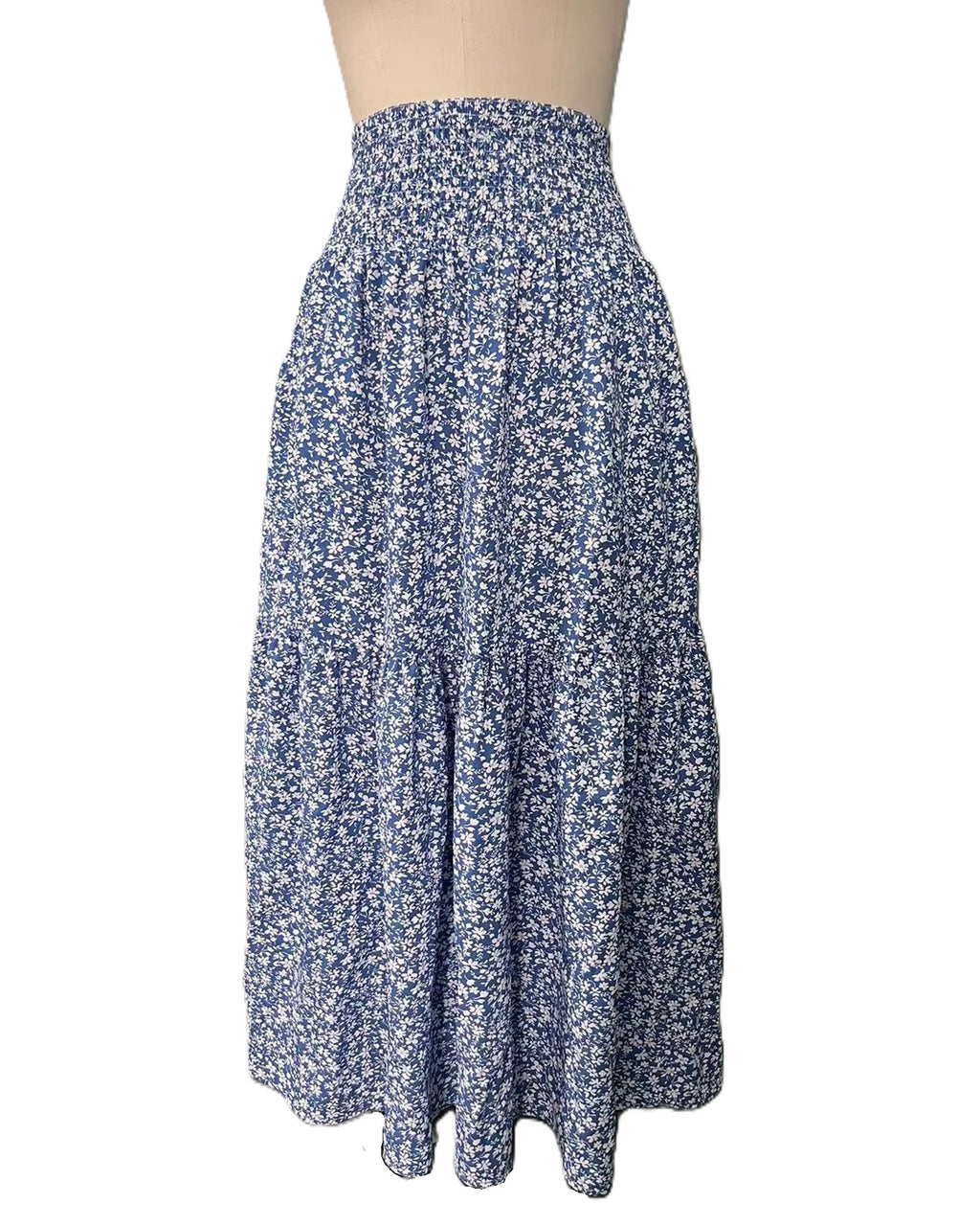Smocked Waist Tiered Boho Maxi Skirt - Blue_F - 1